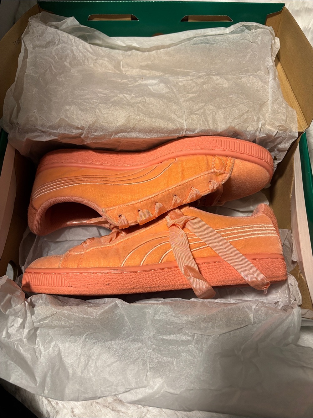 Puma Basket Classic Velour Peach-Orange and Gold Suede Sneakers